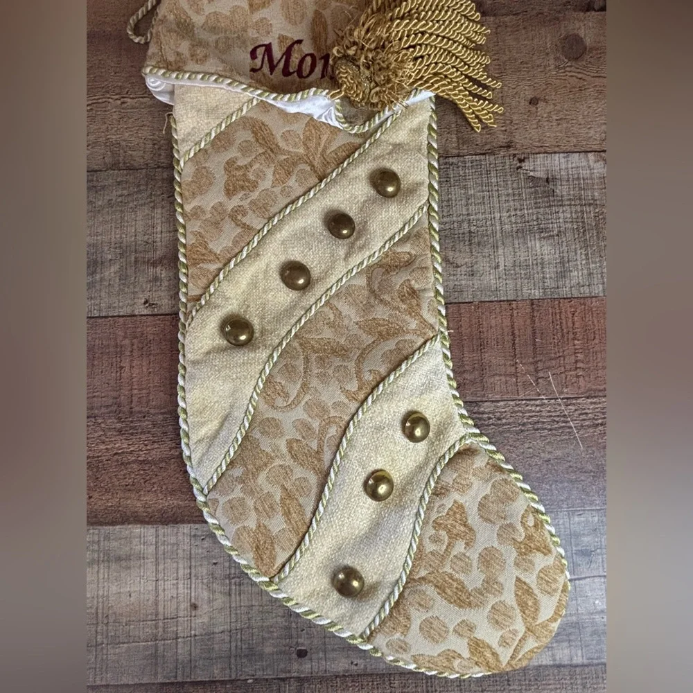 Pair Of Large Elegant Christmas Stockings Burgundy Gold Tassels Mom Dad Tapestry